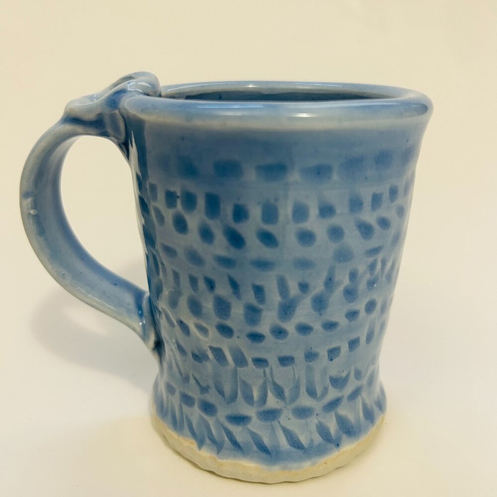 Handmade Pottery Mug Blue Textured Glaze Coffee cup Thumb Rest 4.25" Tall Signed